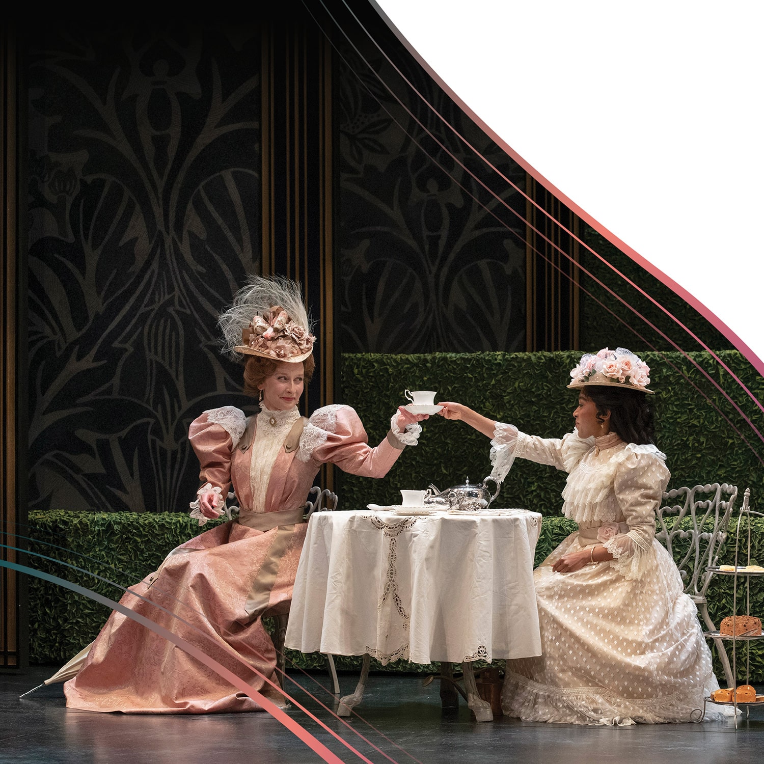 Julia Course  as the Honourable Gwendolen Fairfax, and Gabriella Sundar
                                                    Singh as Cecily Cardew, in
                                                    the Shaw Festival’s performance of
                                                   <em>The Importance of Being Earnest.