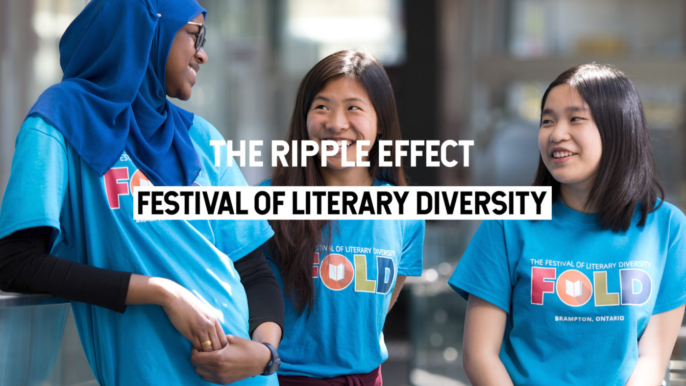 A photo of three volunteers wearing FOLD t-shirts with text overlay saying “The Ripple Effect: Festival of Literary Diversity”