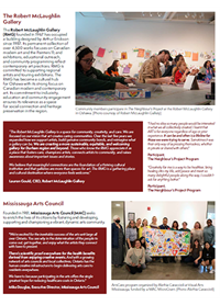 A page from the Arts Across Ontario report for the South Central Ontario region with spotlights on The Robert McLaughlin Gallery and Mississauga Arts Council, highlighting community arts programs and quotes from their leaders.