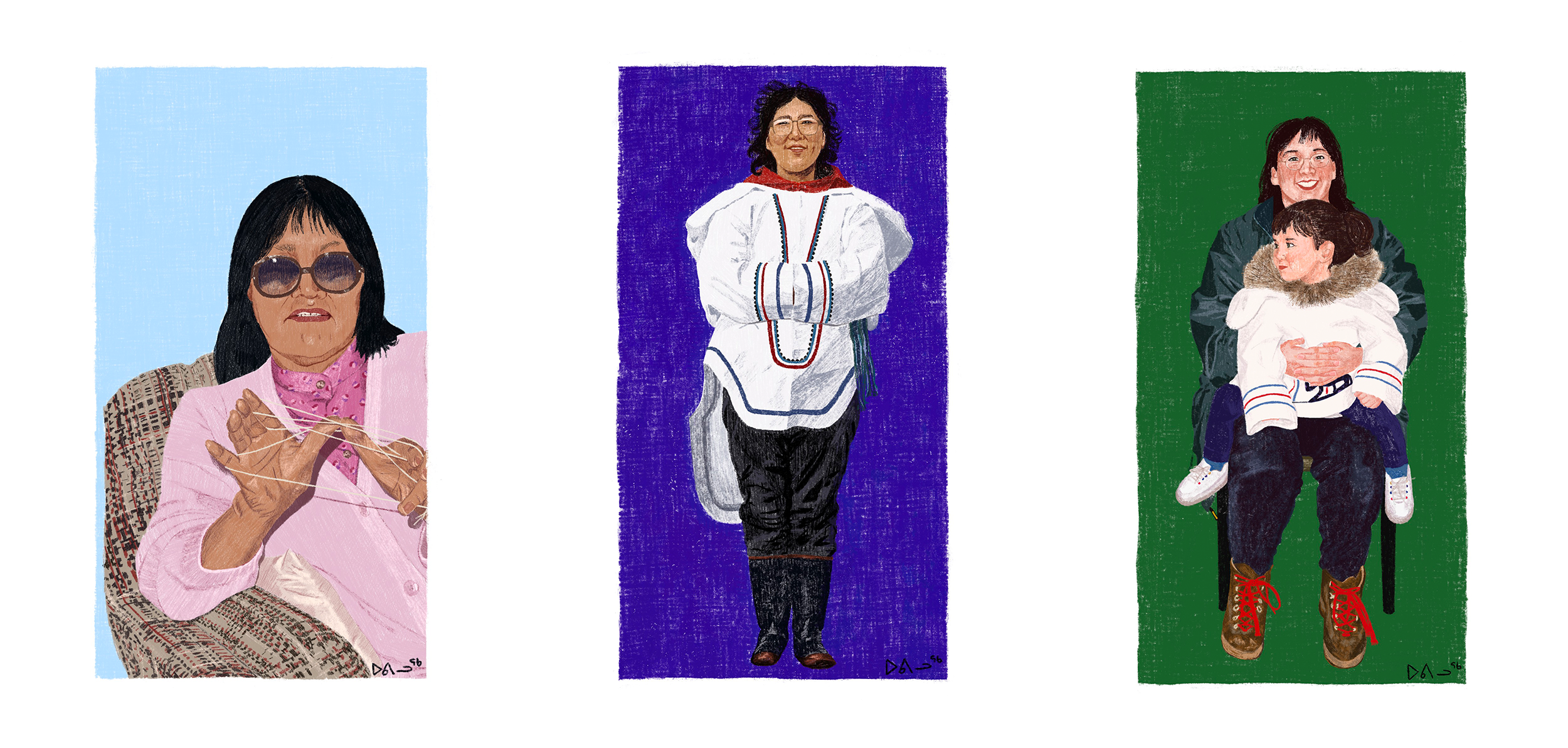 Three images set side-by-side: 1. Illustration of an elderly Inuk woman, the artist’s great grandmother, sitting in an armchair wearing a light pink cardigan and tinted glasses against a pale blue background. The woman is using string to form a cat’s cradle figure. 2. Illustration of an Inuk woman, the artist’s grandmother, standing smiling with her hands clasped, against a dark purple background. The woman wears a white amauti with red, black, and blue detailing, windproof pants, and rubber boots, with her hair blowing in the wind. 3. Illustration of an Inuk mother and her young daughter against a dark green background. The woman, the artists mother, is wearing a jacket that is zipped open, jeans, and hiking boots with red laces, and she is smiling towards the viewer. The child sits on her mother’s lap, wearing a white amauti with red and blue detailing, and a fur ruff hood, as she looks off into the distance.