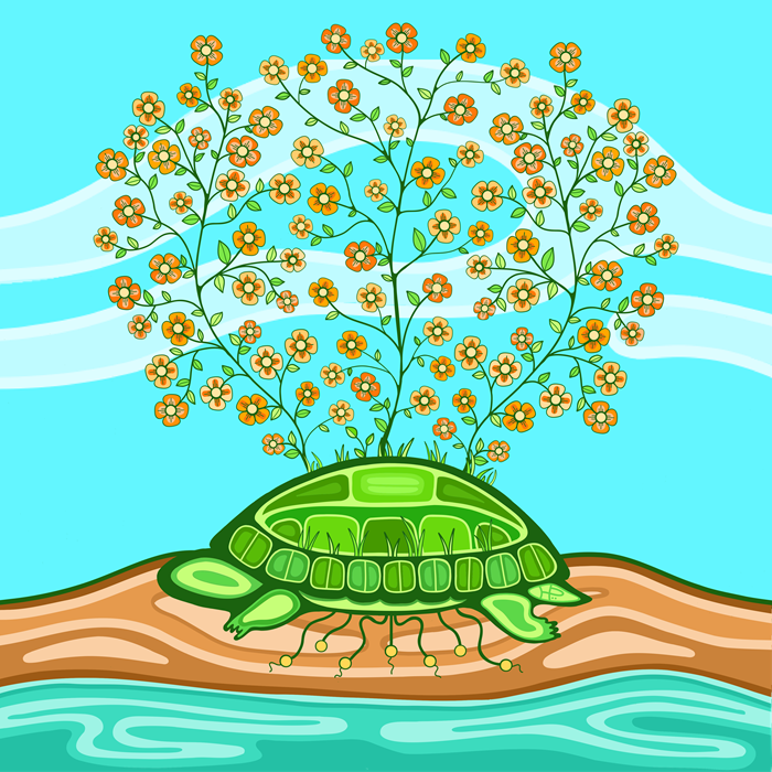 Illustration by Hawlii Pichette of Urban Iskwew. The turtle represents “Truth,” one of the Seven Grandfather Teachings of the Ojibwe. The 94 orange flowers on the top of the turtle represent the Truth and Reconciliation Commission of Canada’s 94 Calls to Action.