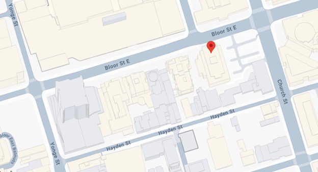 Map showing location of OAC offices on Bloor St E in downtown Toronto.