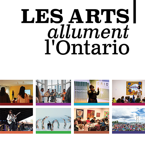 Couverture du rapport d'impact 2025 Les arts allument l’Ontario, avec des photos d'évènements artistiques et de spectacles.