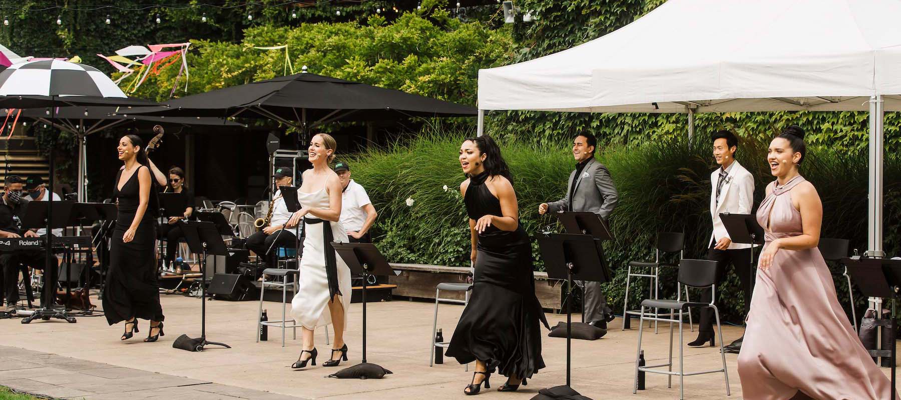 The cast of The Duke and Two Irenes during a Shaw Festival performance at the Courtyard Patio on the Festival Theatre grounds in Niagara-on-the-Lake. (Photo: Jason Lupish)