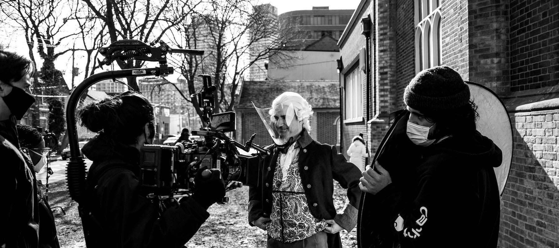 Behind the scenes during filming for Théâtre français de Toronto’s adaptation of Les Liaisons dangereuses. (Photo: Mathieu Taillardas) 