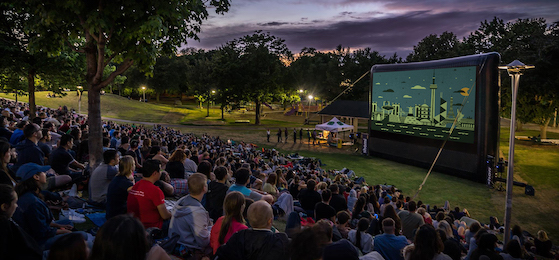 A large audience watches a film screening during the Christie Pits Film Festival, part of Toronto Outdoor Picture Show’s Cinematic Cities program. (Photo: Diana Maclean) 